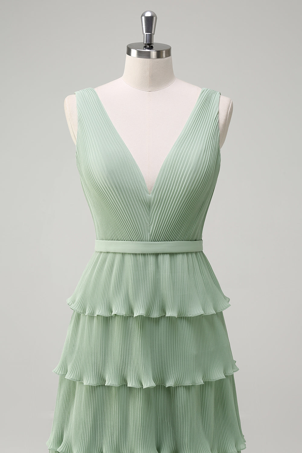 Dusty Sage A Line V-Neck Pleated Tiered Open Back Long Bridesmaid Dress with Slit