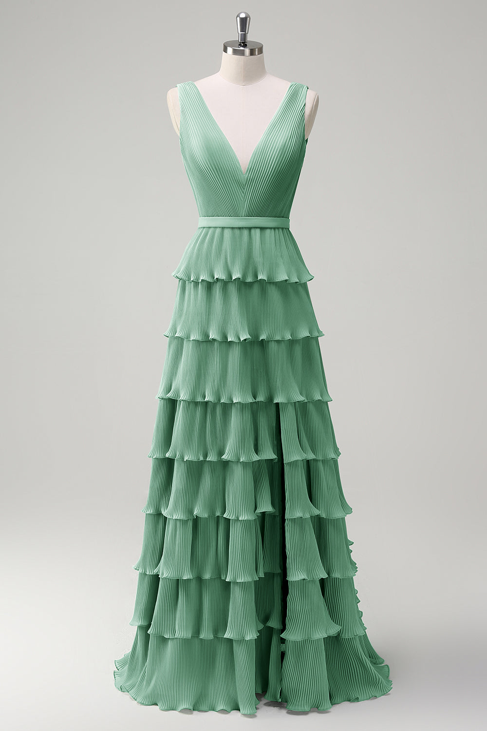 Dusty Sage A Line V-Neck Pleated Tiered Open Back Long Bridesmaid Dress with Slit