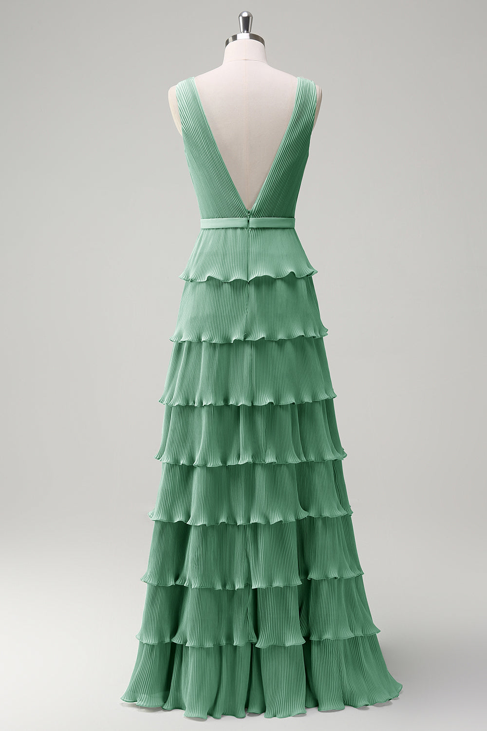 Dusty Sage A Line V-Neck Pleated Tiered Open Back Long Bridesmaid Dress with Slit