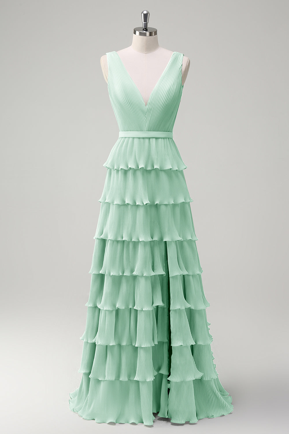 Dusty Sage A Line V-Neck Pleated Tiered Open Back Long Bridesmaid Dress with Slit
