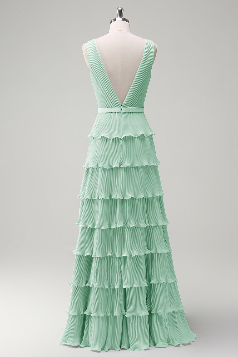 Dusty Sage A Line V-Neck Pleated Tiered Open Back Long Bridesmaid Dress with Slit