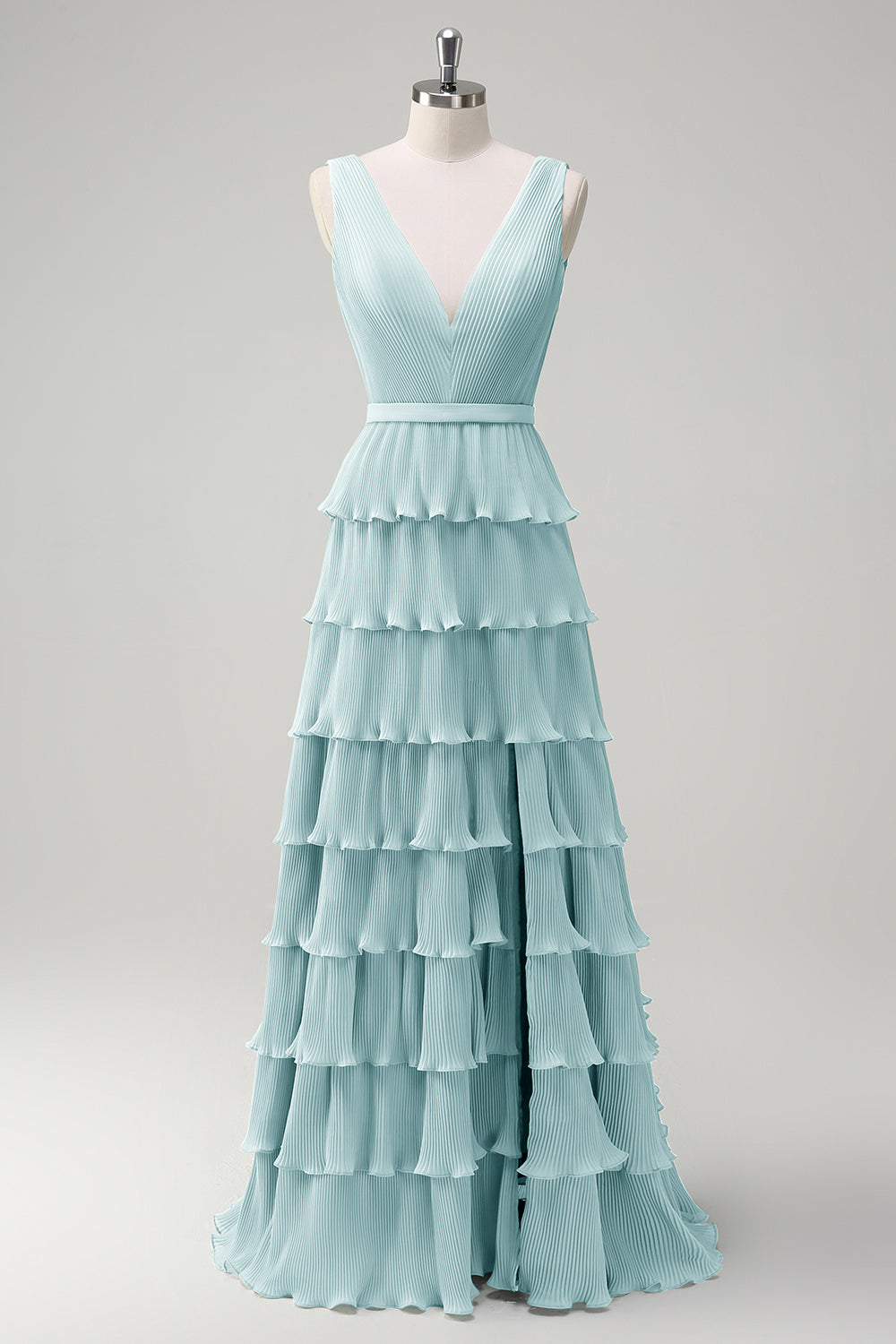 Dusty Sage A Line V-Neck Pleated Tiered Open Back Long Bridesmaid Dress with Slit