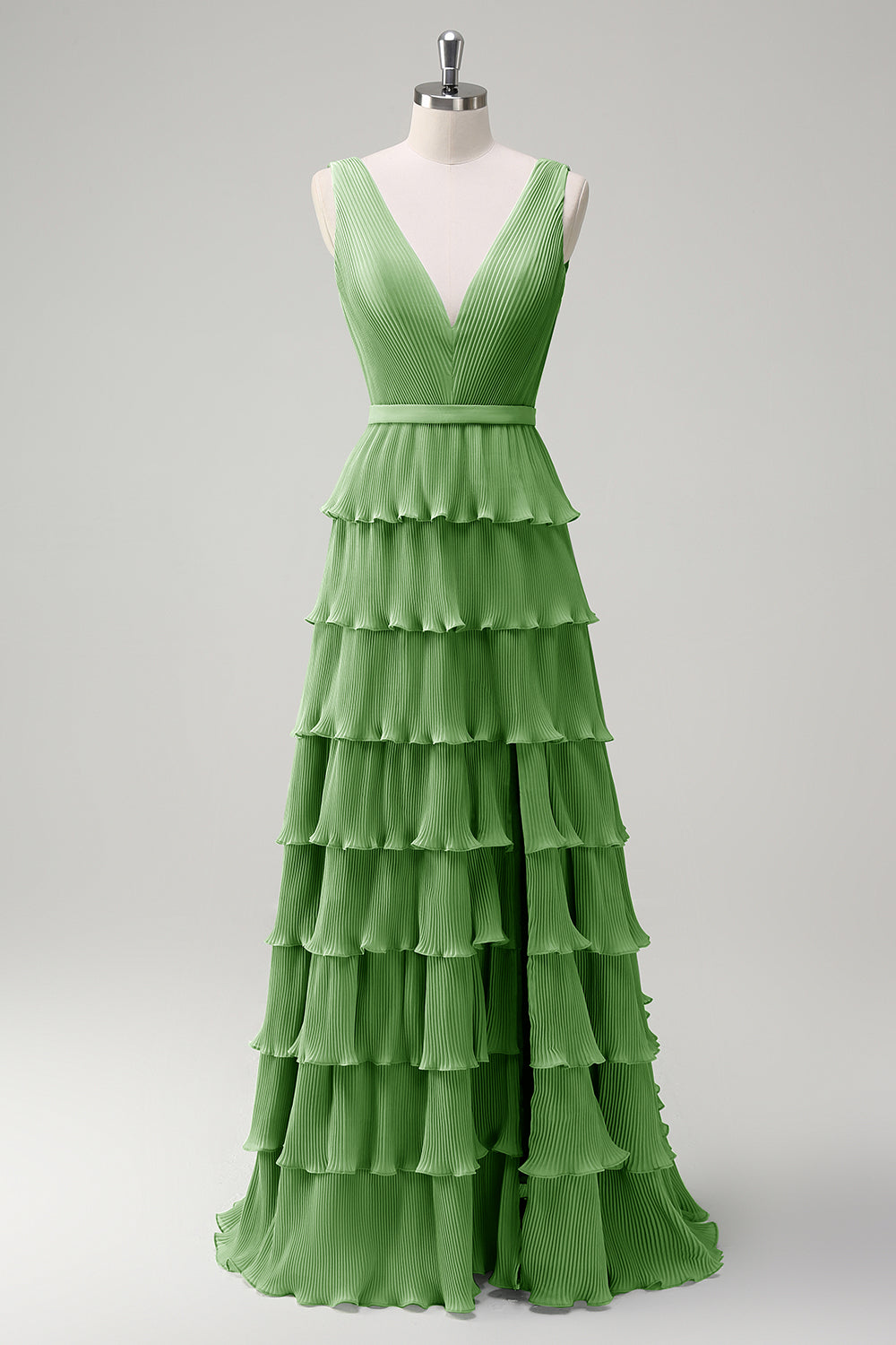 Dusty Sage A Line V-Neck Pleated Tiered Open Back Long Bridesmaid Dress with Slit