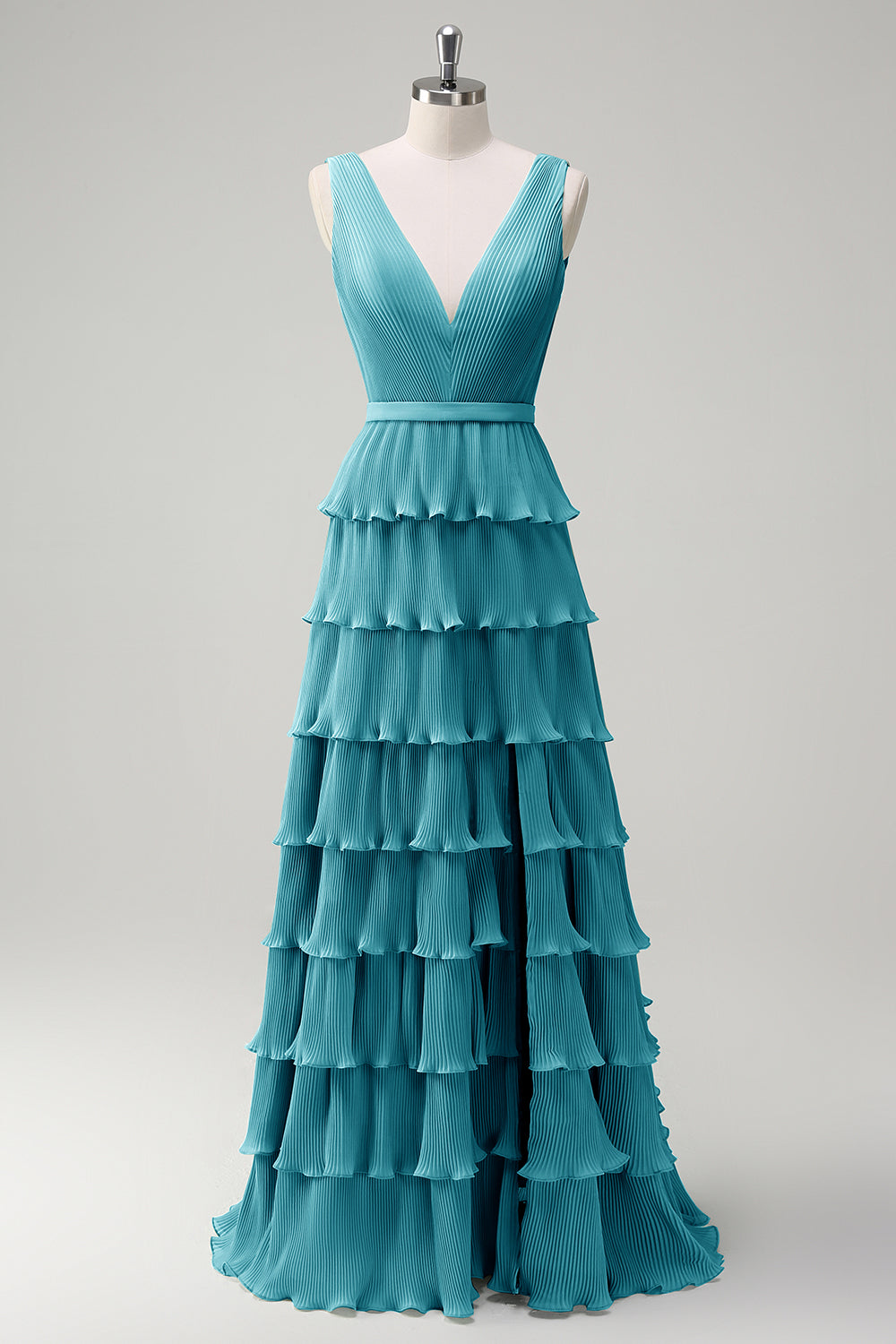 Dusty Sage A Line V-Neck Pleated Tiered Open Back Long Bridesmaid Dress with Slit