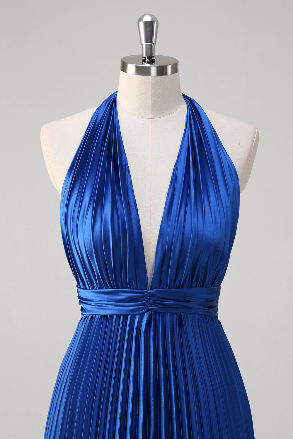 Royal Blue A Line Halter Pleated Long Prom Dress