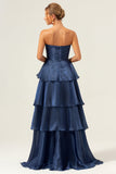 Dark Navy Strapless Tiered A Line Long Bridesmaid Dress