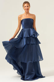 Dark Navy Strapless Tiered A Line Long Bridesmaid Dress