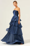Dark Navy Strapless Tiered A Line Long Bridesmaid Dress