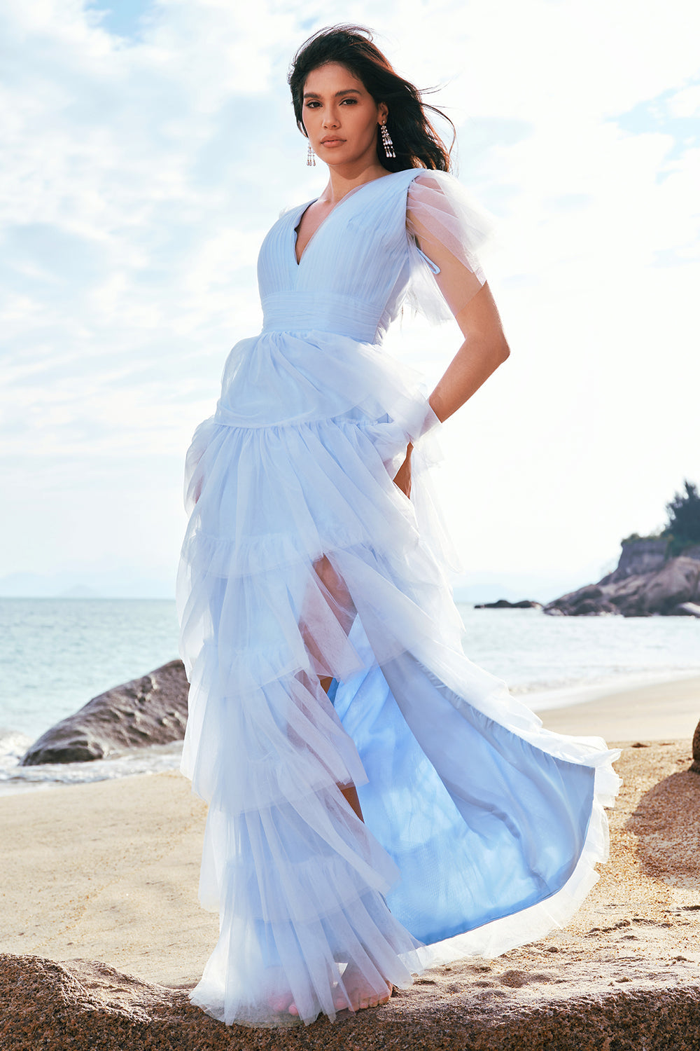 Green A-Line V Neck Ruched Tiered Long Bridesmaid Dress with Slit