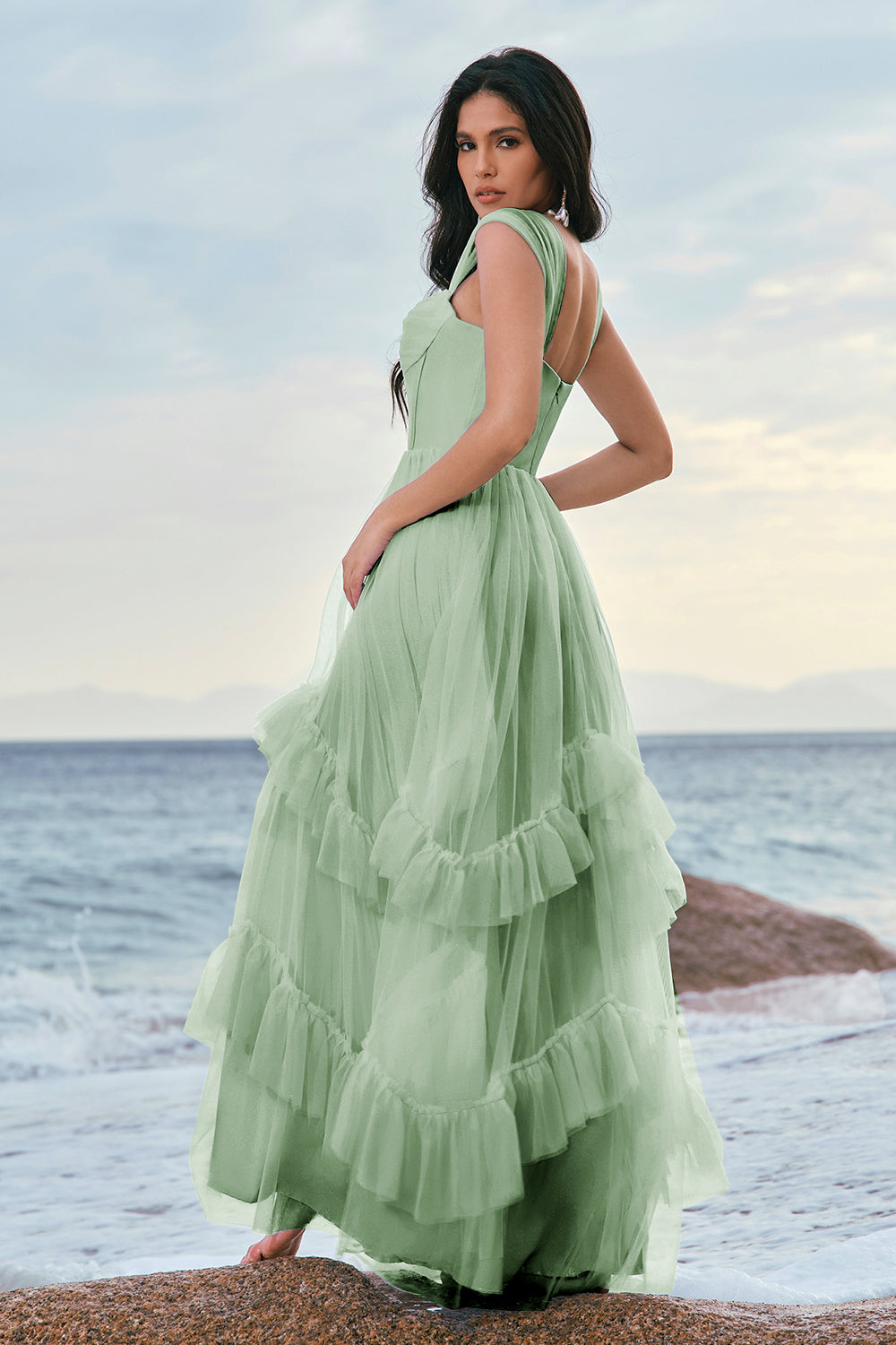 Grey Blue A-Line Ruched Corset Long Bridesmaid Dress with Ruffles