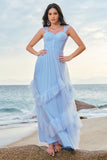 Grey Blue A-Line Ruched Corset Long Bridesmaid Dress with Ruffles