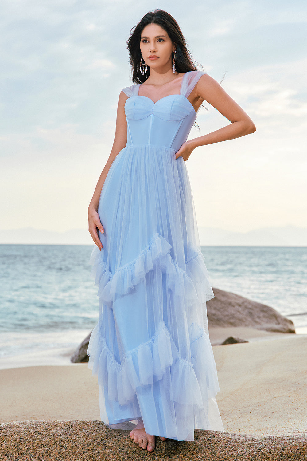 Grey Blue A-Line Ruched Corset Long Bridesmaid Dress with Ruffles