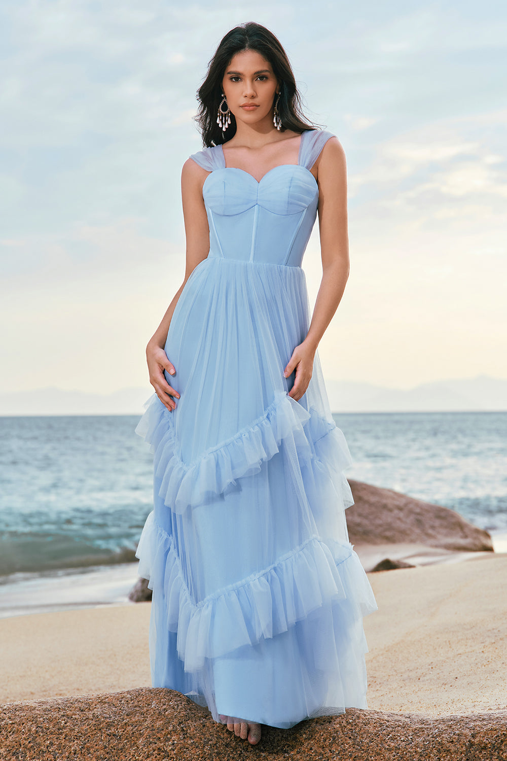 Grey Blue A-Line Ruched Corset Long Bridesmaid Dress with Ruffles