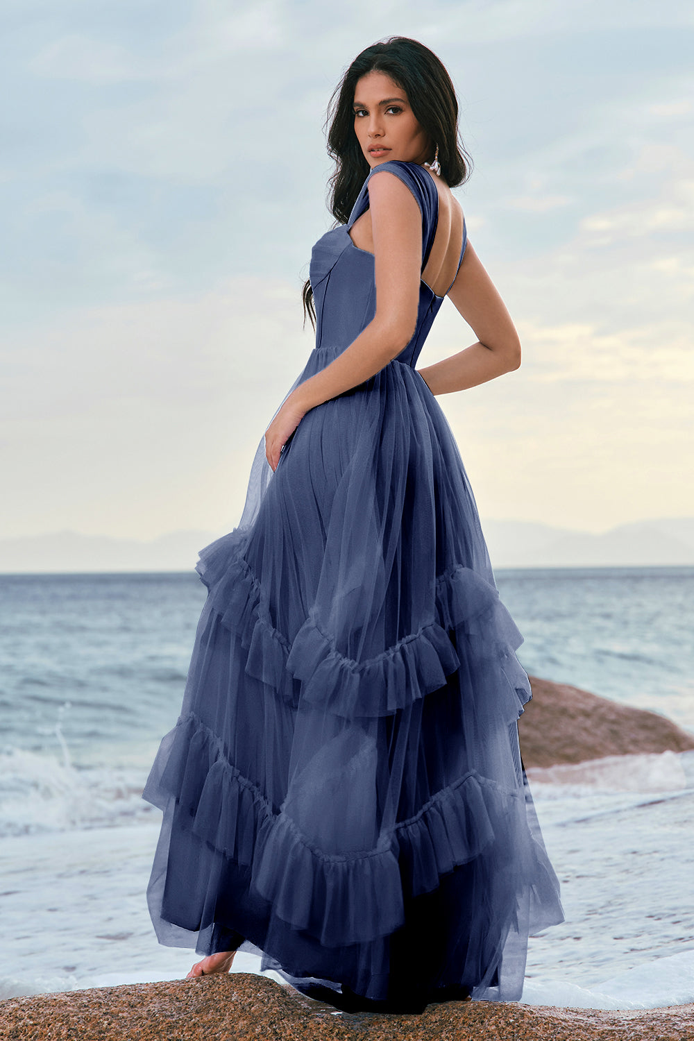 Grey Blue A-Line Ruched Corset Long Bridesmaid Dress with Ruffles