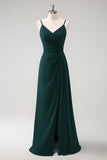 Dark Green A-Line Watteau Train Long Chiffon Bridesmaid Dress with Slit