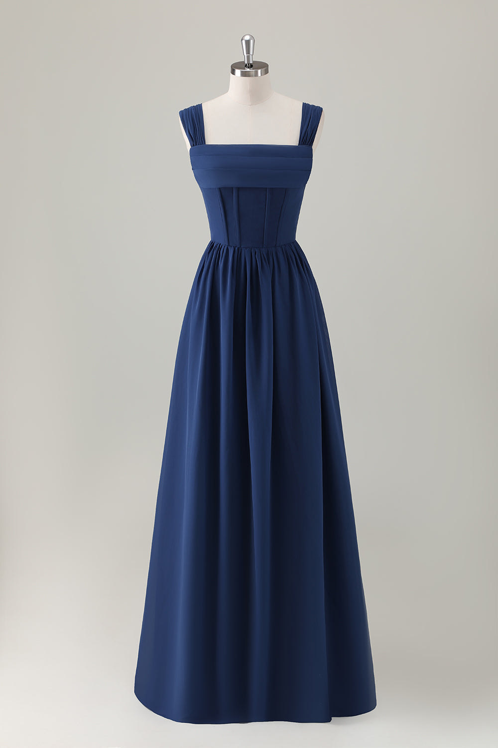 Dark Blue A-Line Square Neck Corset Lace Up Back Chiffon Long Bridesmaid Dress