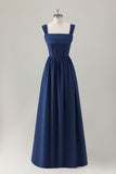 Dark Blue A-Line Square Neck Corset Lace Up Back Chiffon Long Bridesmaid Dress