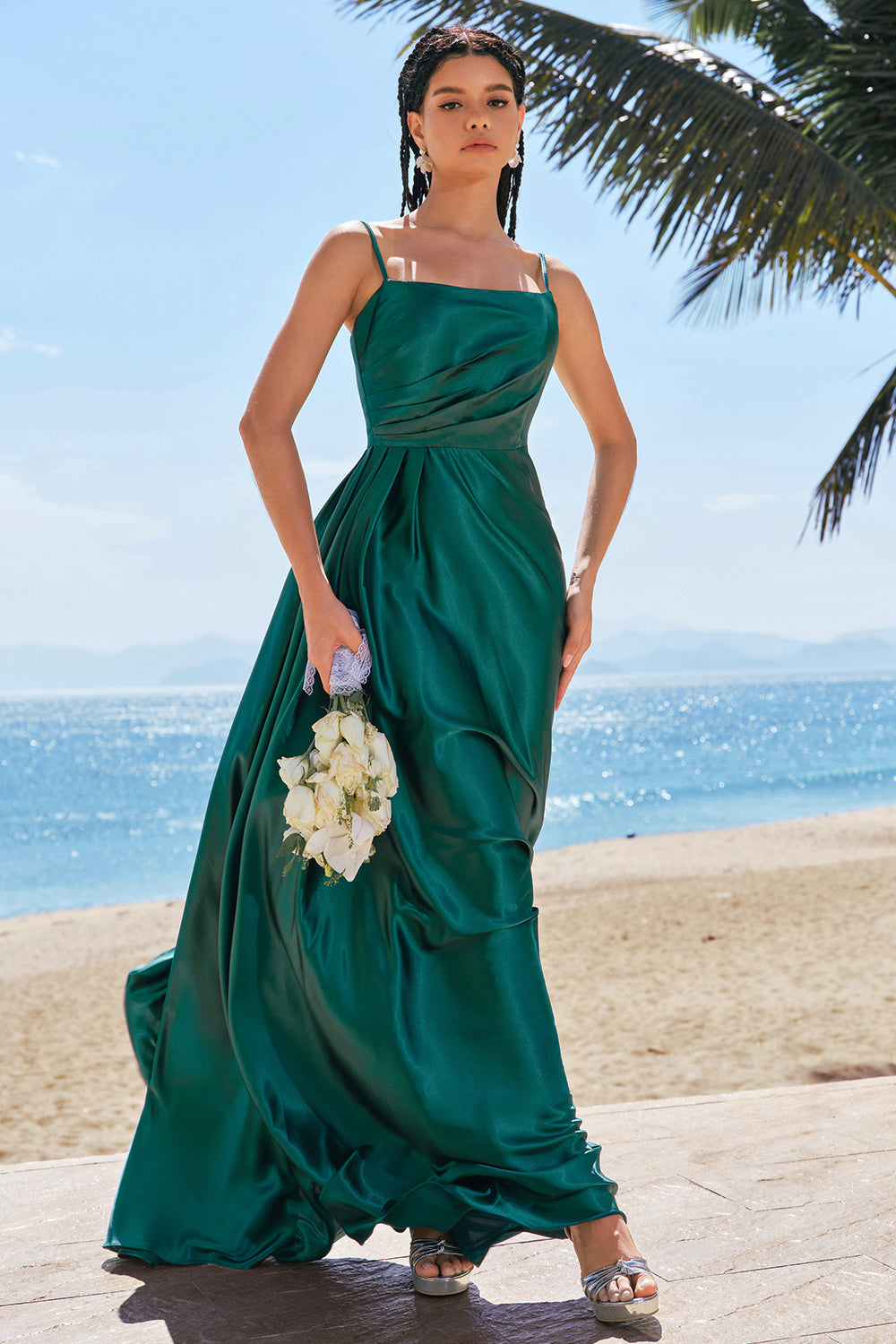Dark Green A-Line Spaghetti Straps Ruched Satin Long Bridesmaid Dress
