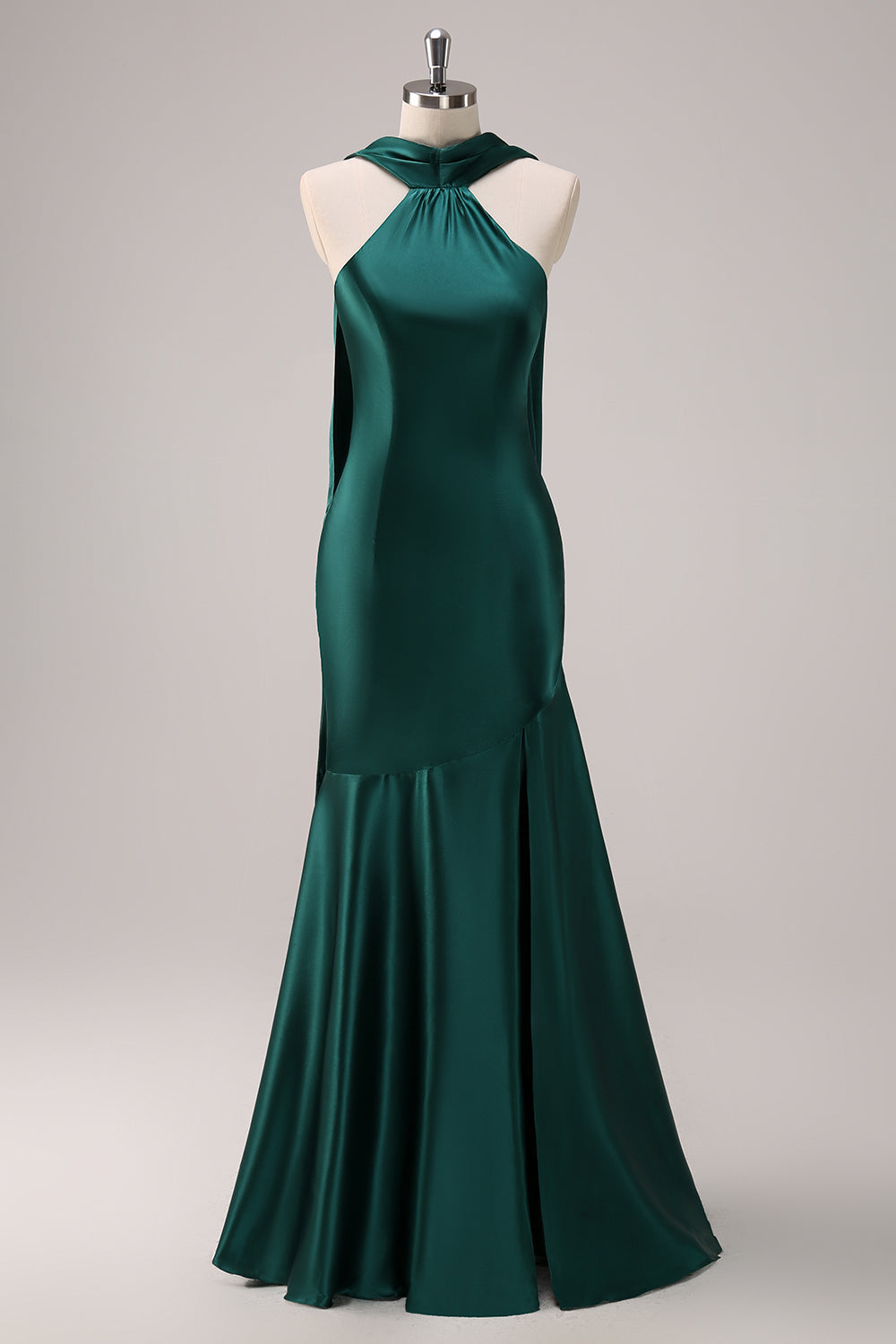 Mermaid Halter Floor Length Satin Dark Green Long Bridesmaid Dress