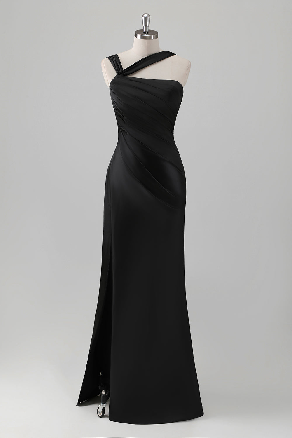 Sky Blue Mermaid Pleated Satin Long Bridesmaid Dress with Slit