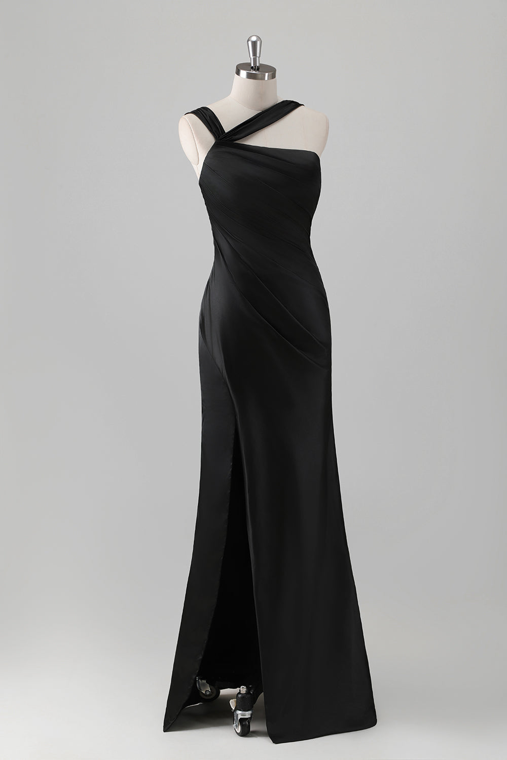Sky Blue Mermaid Pleated Satin Long Bridesmaid Dress with Slit