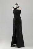 Sky Blue Mermaid Pleated Satin Long Bridesmaid Dress with Slit