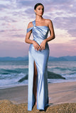 Sky Blue Mermaid Cold Shoulder Pleated Satin Maxi Dress with Slit