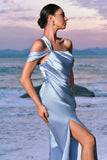 Sky Blue Mermaid Cold Shoulder Pleated Satin Maxi Dress with Slit