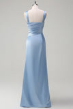 Sky Blue Mermaid Pleated Satin Long Bridesmaid Dress with Slit