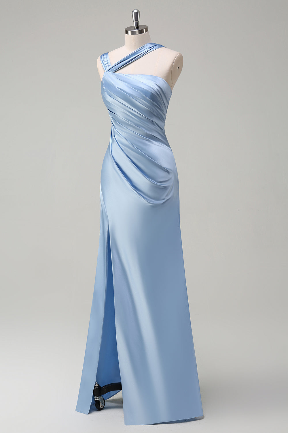 Sky Blue Mermaid Pleated Satin Long Bridesmaid Dress with Slit