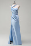 Sky Blue Mermaid Pleated Satin Long Bridesmaid Dress with Slit