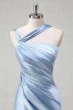 Sky Blue Mermaid Pleated Satin Long Bridesmaid Dress with Slit