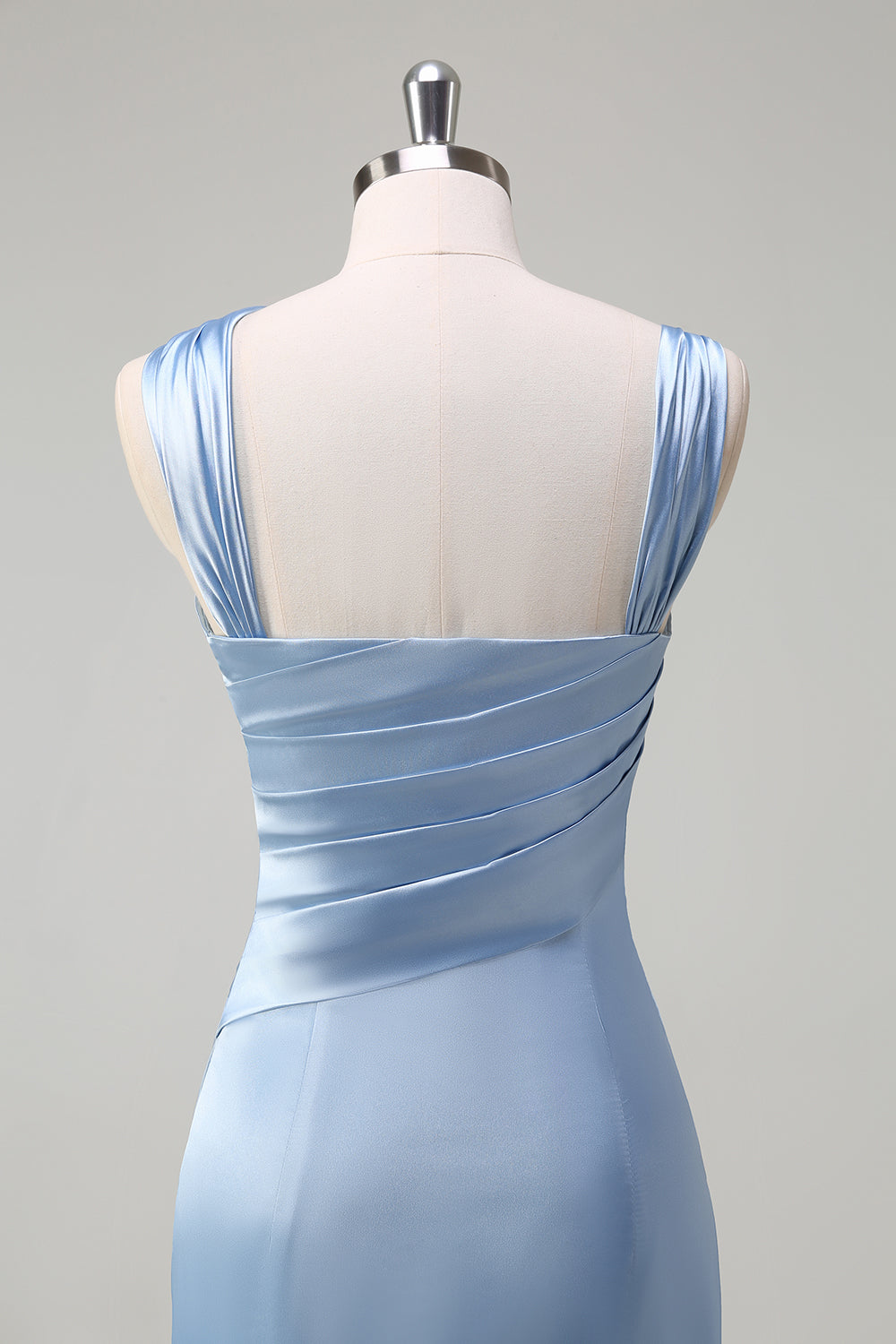 Sky Blue Mermaid Pleated Satin Long Bridesmaid Dress with Slit