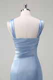 Sky Blue Mermaid Pleated Satin Long Bridesmaid Dress with Slit
