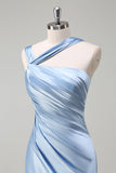 Sky Blue Mermaid Pleated Satin Long Bridesmaid Dress with Slit