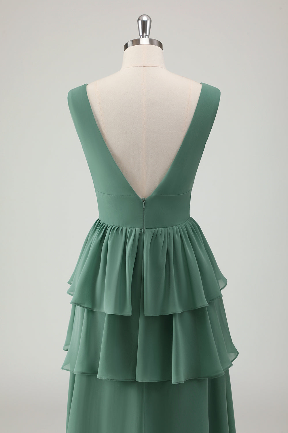 Eucalyptus A Line V Neck Tiered Long Bridesmaid Dress with Ruffles