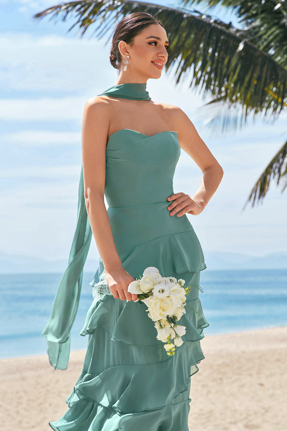 Eucalyptus A-Line Strapless Tiered Ruched Chiffon Long Bridesmaid Dress