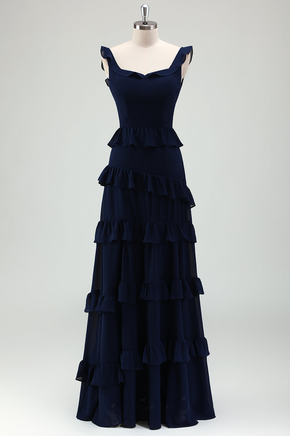 Dark Navy A-Line Backless Floor Length Tiered Long Bridesmaid Dress