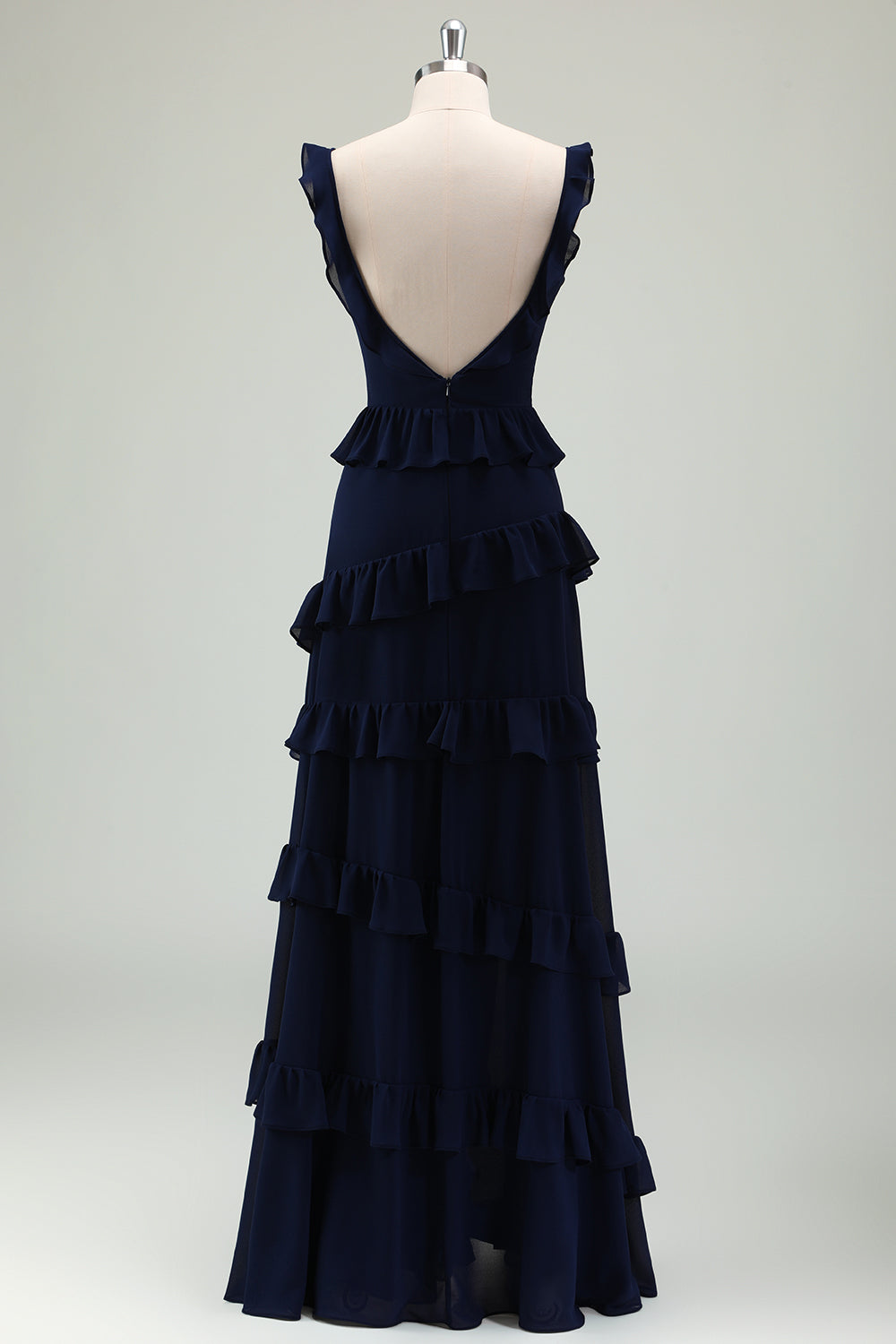 Dark Navy A-Line Backless Floor Length Tiered Long Bridesmaid Dress