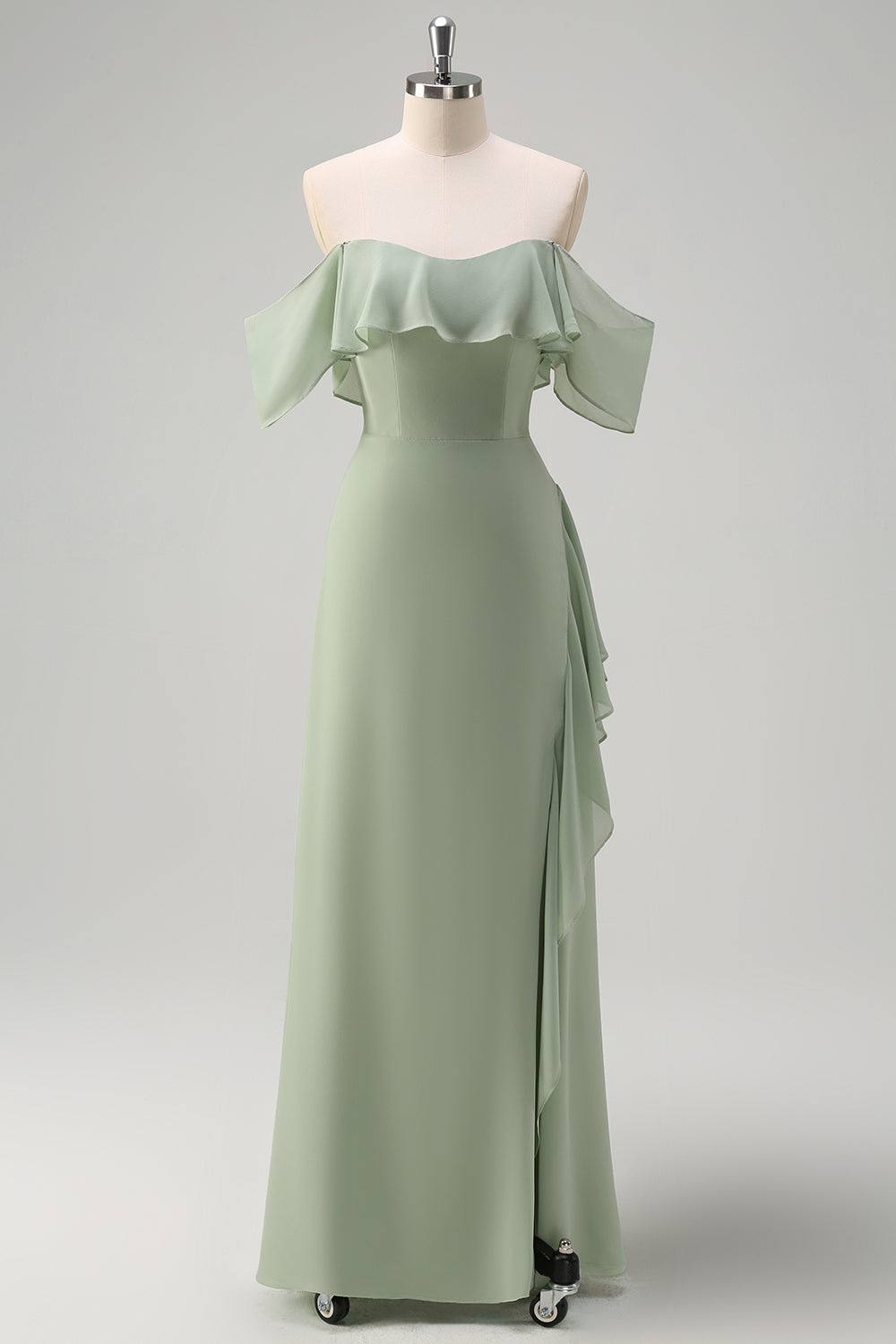Light Green Sheath Off The Shoulder Chiffon Long Bridesmaid Dress with Ruffle Slit