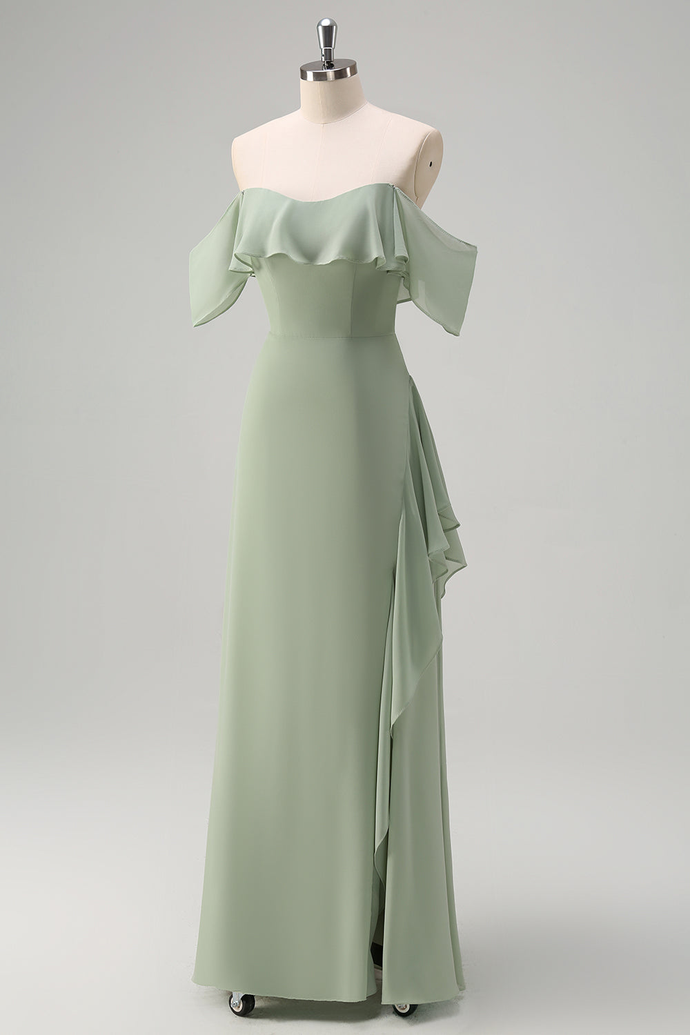 Light Green Sheath Off The Shoulder Chiffon Long Bridesmaid Dress with Ruffle Slit