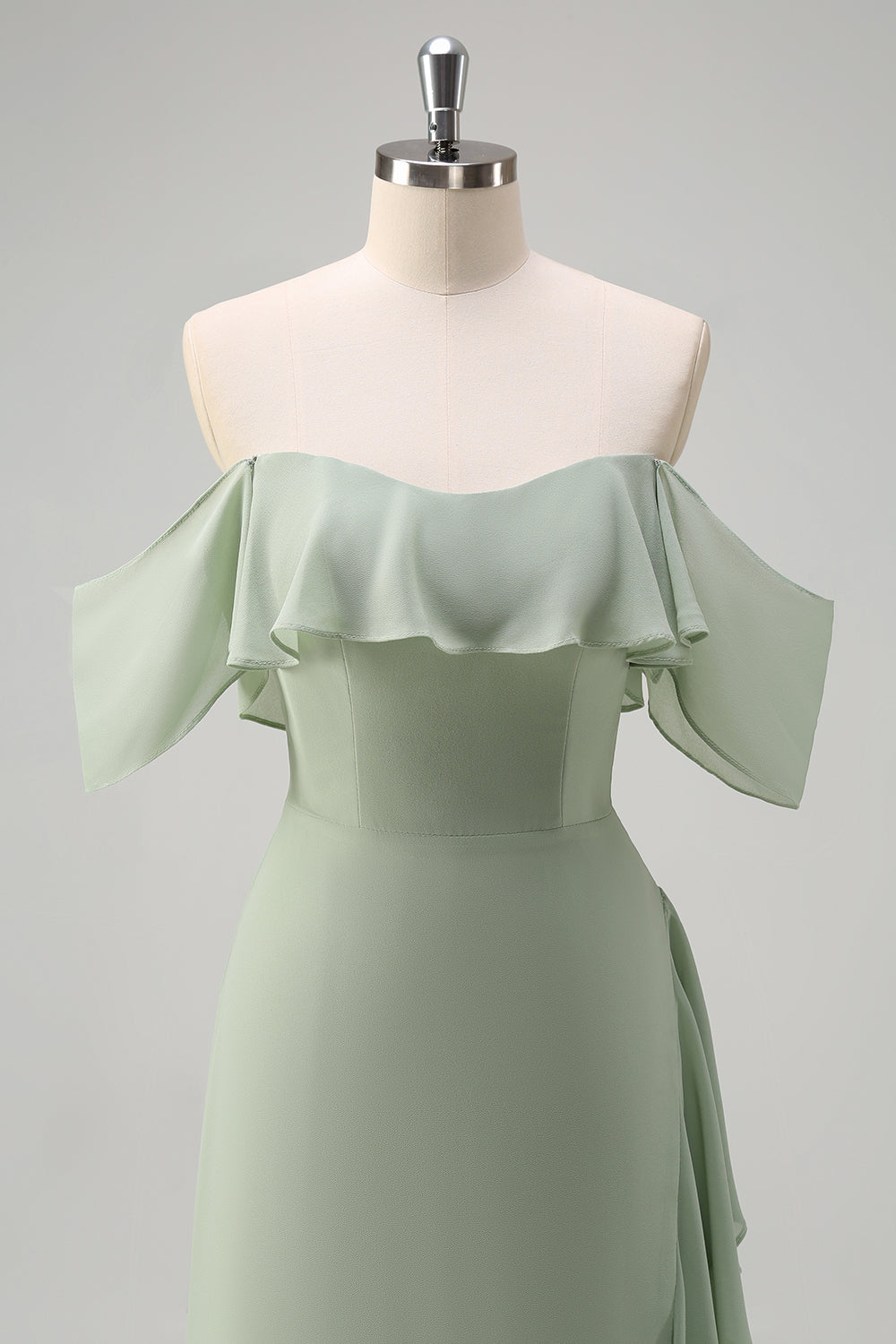 Light Green Sheath Off The Shoulder Chiffon Long Bridesmaid Dress with Ruffle Slit