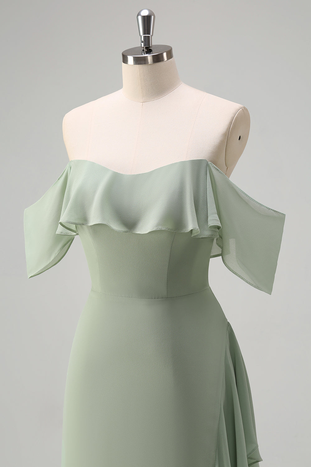 Light Green Sheath Off The Shoulder Chiffon Long Bridesmaid Dress with Ruffle Slit