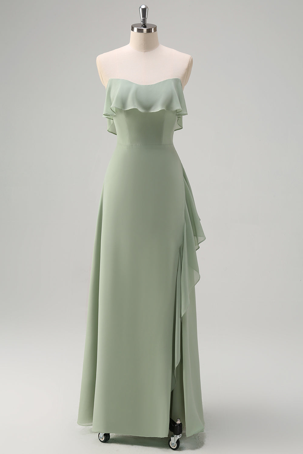 Light Green Sheath Off The Shoulder Chiffon Long Bridesmaid Dress with Ruffle Slit