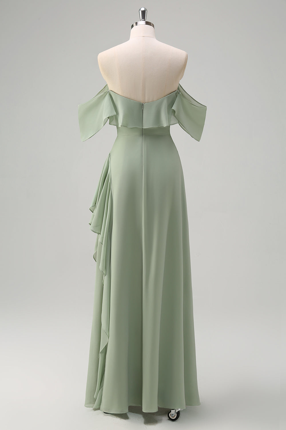 Light Green Sheath Off The Shoulder Chiffon Long Bridesmaid Dress with Ruffle Slit