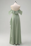 Light Green Sheath Off The Shoulder Chiffon Long Bridesmaid Dress with Ruffle Slit
