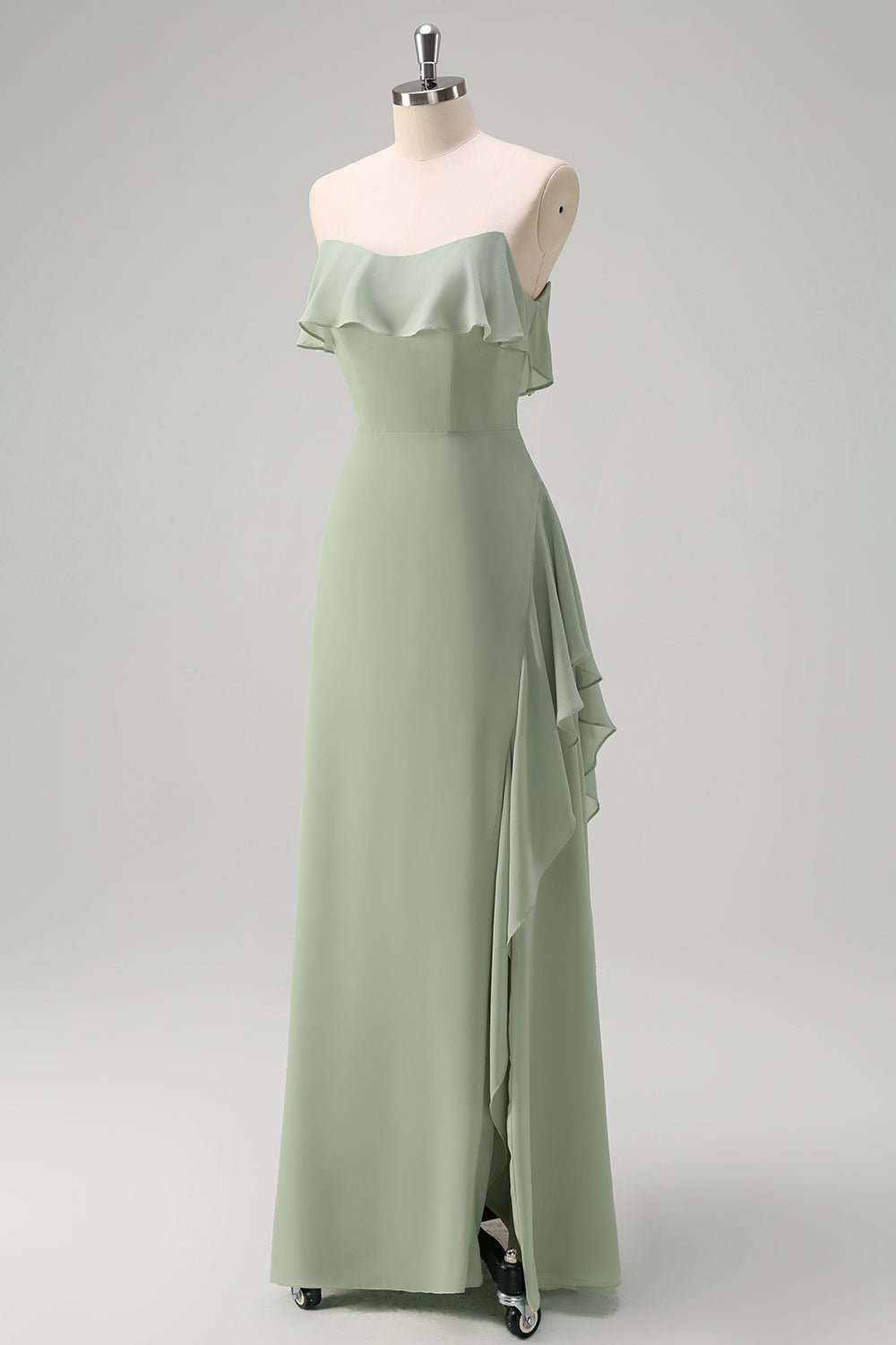 Light Green Sheath Off The Shoulder Chiffon Long Bridesmaid Dress with Ruffle Slit