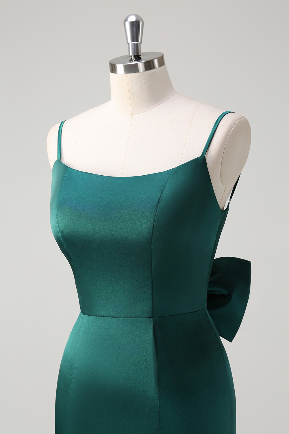 Dark Green Mermaid Spaghetti Straps Satin Long Bridesmaid Dress with Bow