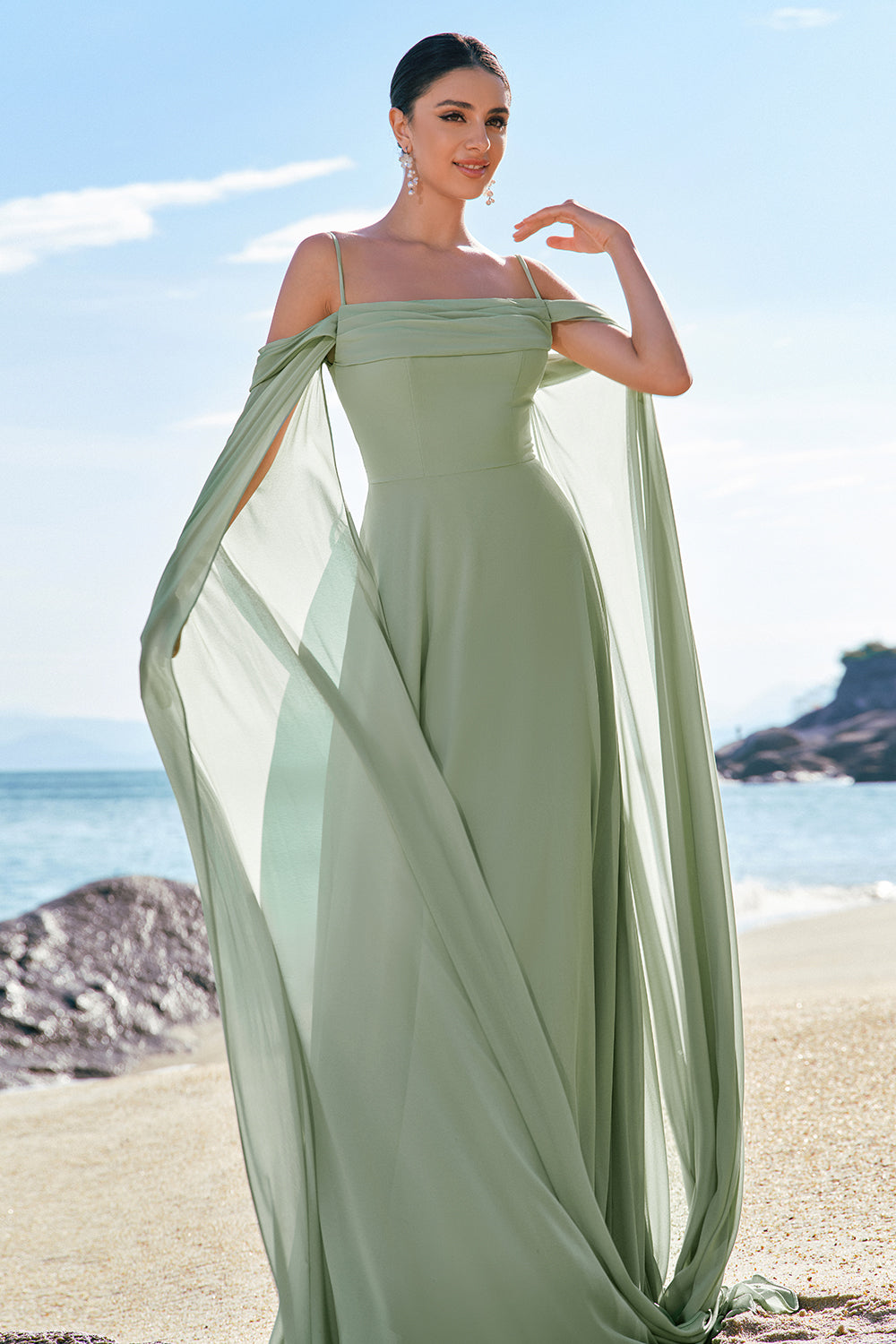 Light Green Fitted Cold Shoulder Chiffon Bridesmaid Dress with Detachable Sleeves
