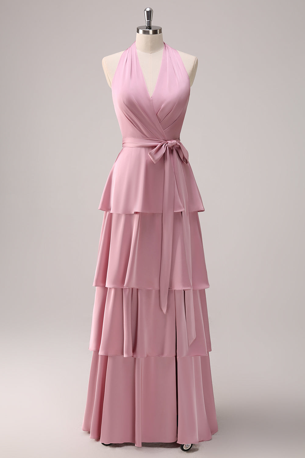 Pink A-Line V-Neck Tiered Ruched Satin Long Bridesmaid Dress with Ruffle Slit